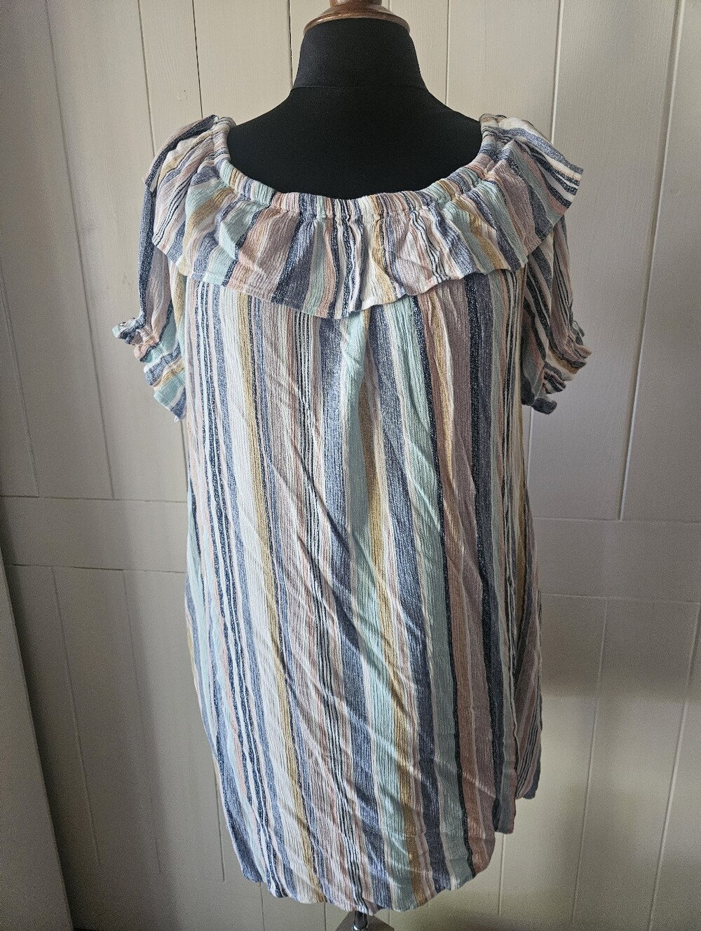 Hem & Thread Pastel Multi-Striped Off-Shoulder Tunic Dress - Cottagecore Boho